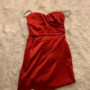 Red strapless dress.